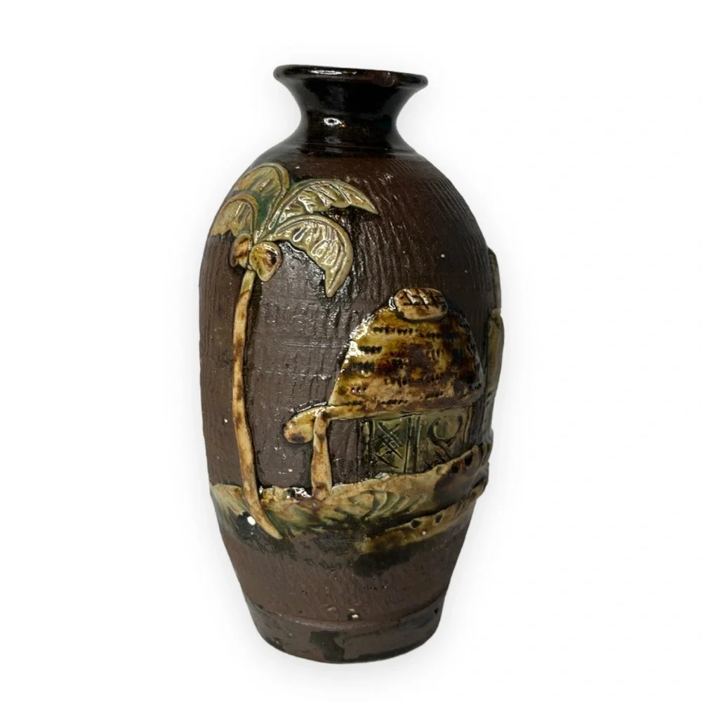 Asian Japanese Ceramic Art Pottery Vase Hut House Tree Decoration Brown Tan Pair